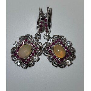 925 Sterling Silver Floral Fire Opal/Ruby/Blue Topaz Centre Earrings Value $655